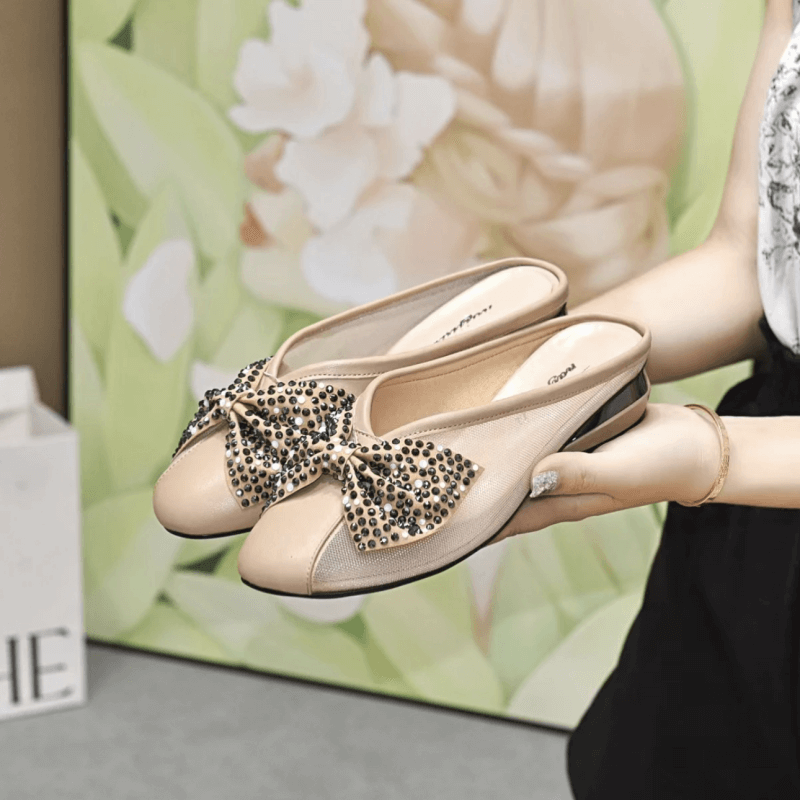 Classic Rhinestone Bow Shoes Leather Low Heel Shoe