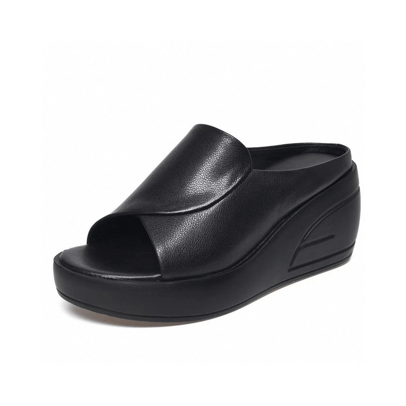 Platform Wedges Slippers Concise Open-Toed Genuine Leather Women Shoes
