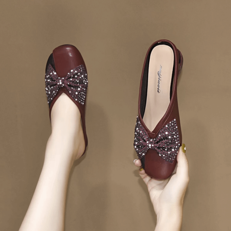 Classic Rhinestone Bow Shoes Leather Low Heel Shoe