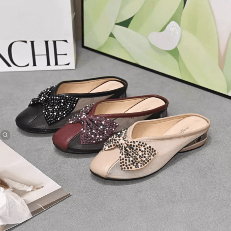 Classic Rhinestone Bow Shoes Leather Low Heel Shoe