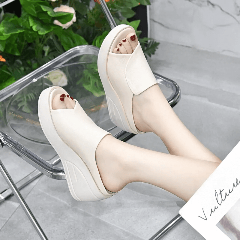 Platform Wedges Slippers Concise Open-Toed Genuine Leather Women Shoes