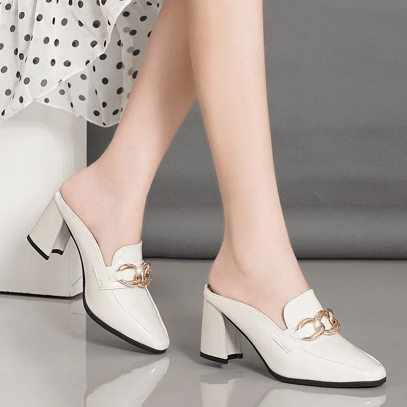 Leather Women's High Heel New Thick Heel Square Head Slipper