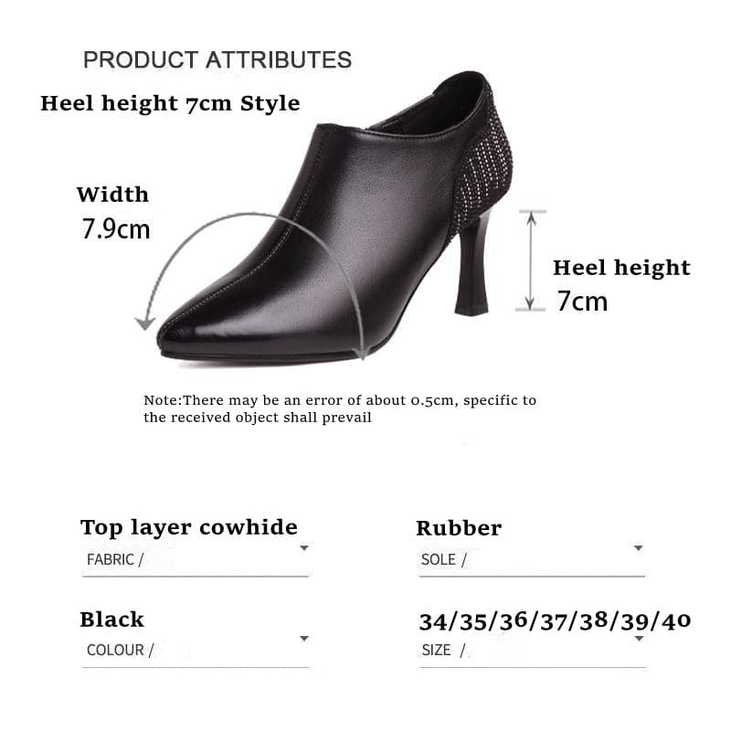 Woman Pointy High Heels Leather Boots Deep Mouth Black Retro Shoes