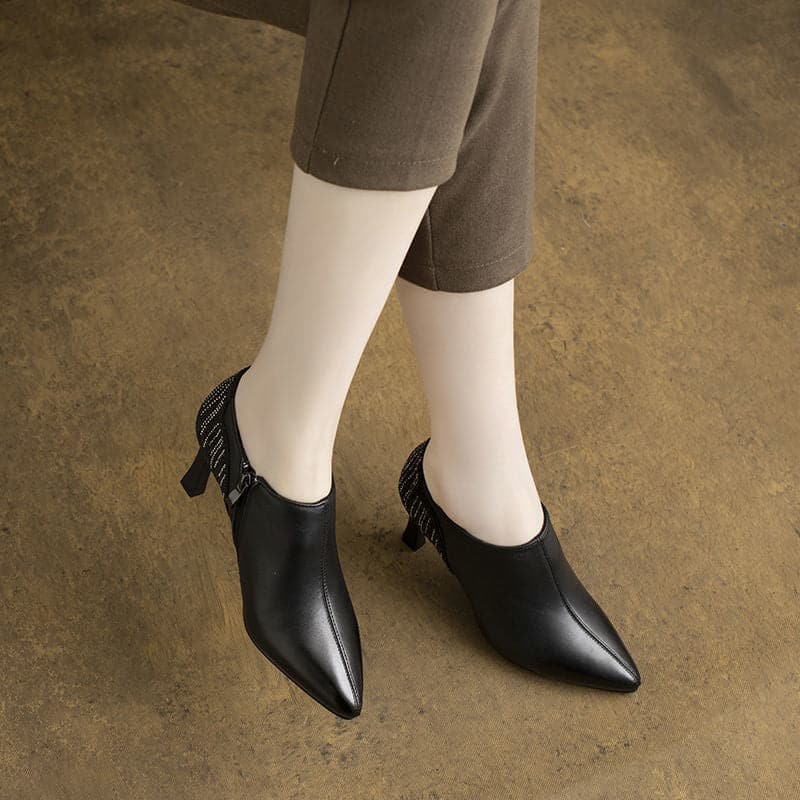 Woman Pointy High Heels Leather Boots Deep Mouth Black Retro Shoes