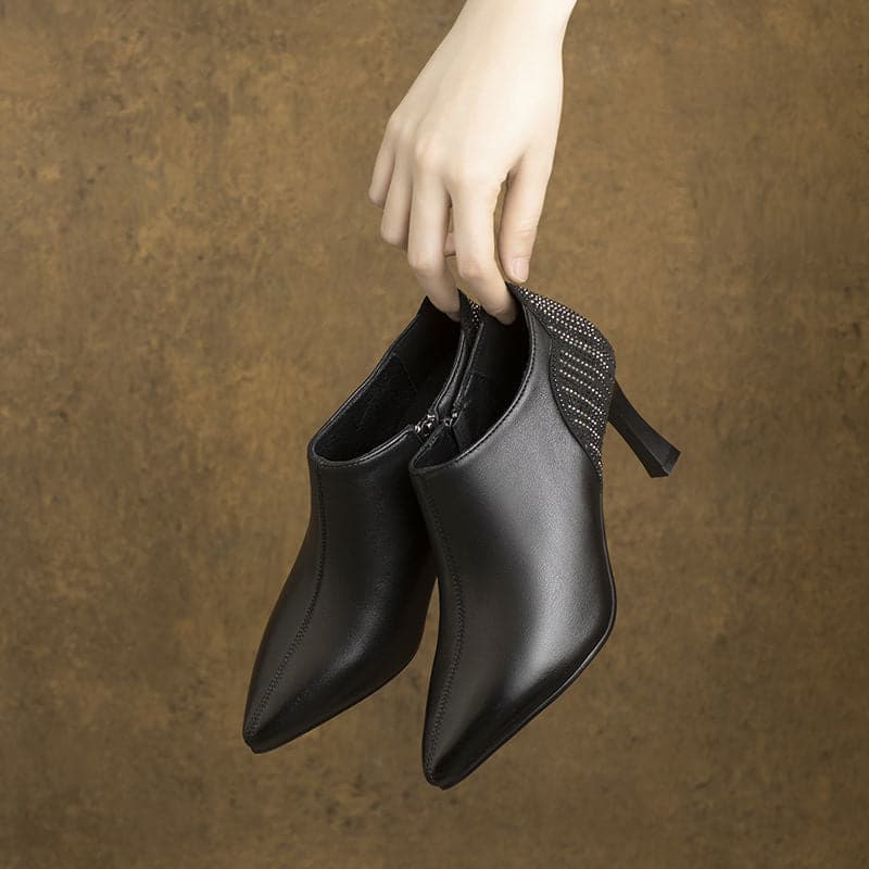 Woman Pointy High Heels Leather Boots Deep Mouth Black Retro Shoes