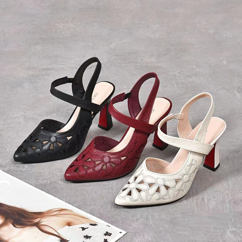 2022 Summer Pointy Hollow Out Thick Heels With One Word Sandals For Women