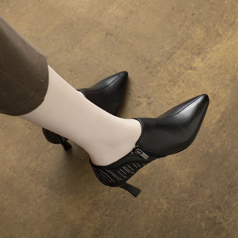 Woman Pointy High Heels Leather Boots Deep Mouth Black Retro Shoes