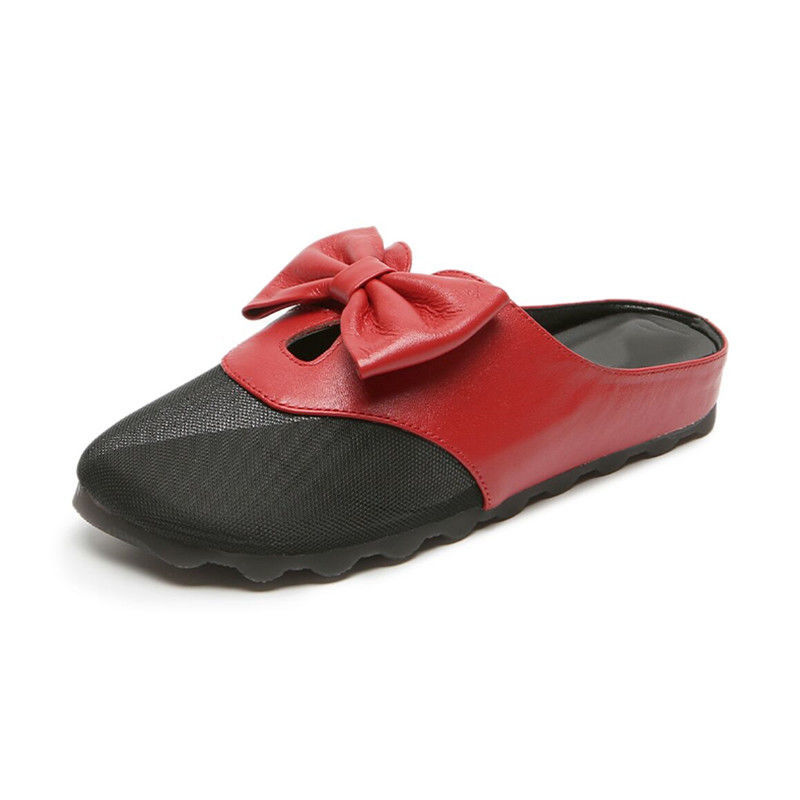 Soft Soled Genuine Leather Low Heel Bow Net Slippers for Women's Sandals