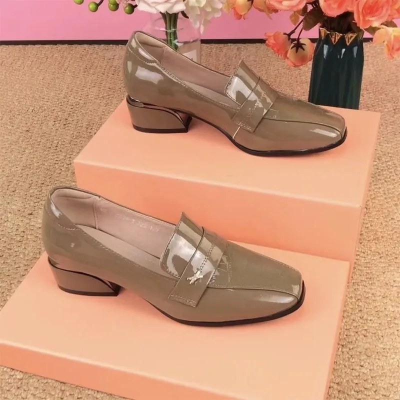 Leather Women's Shoes Square Head Patent Leather Bright Thick Heel Shoes