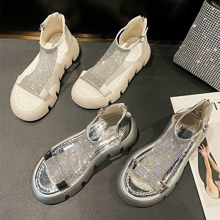 Rhinestone Platform Sandals Women's Summer 2023 Fashion Casual Sponge Cake Beach Sandals