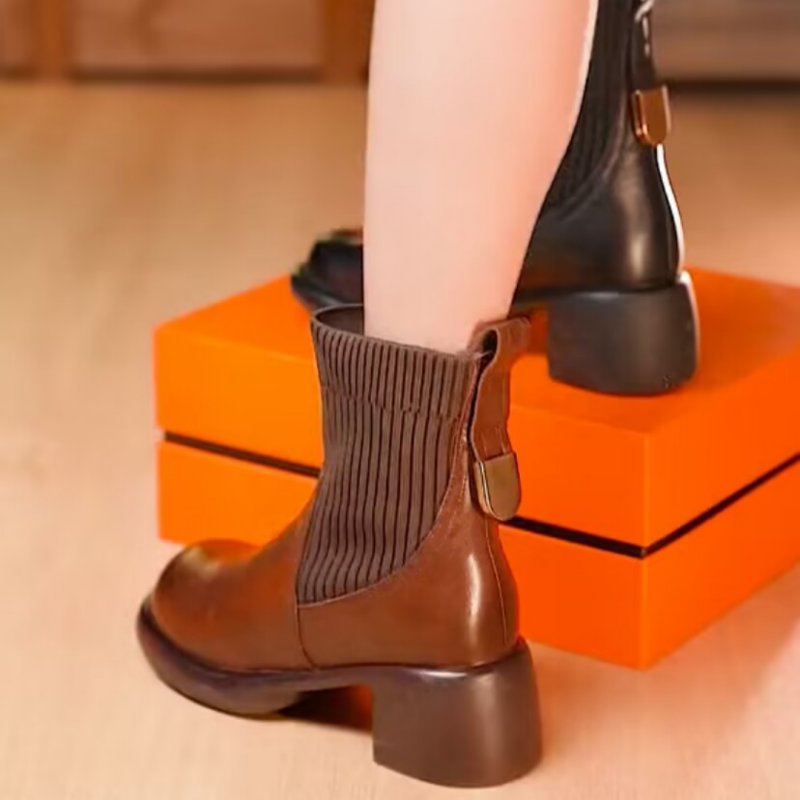 Concise Office Lady Women Ankle Boots Genuine Leather Knitting Thick Heels Autumn Winter Casual Shoes