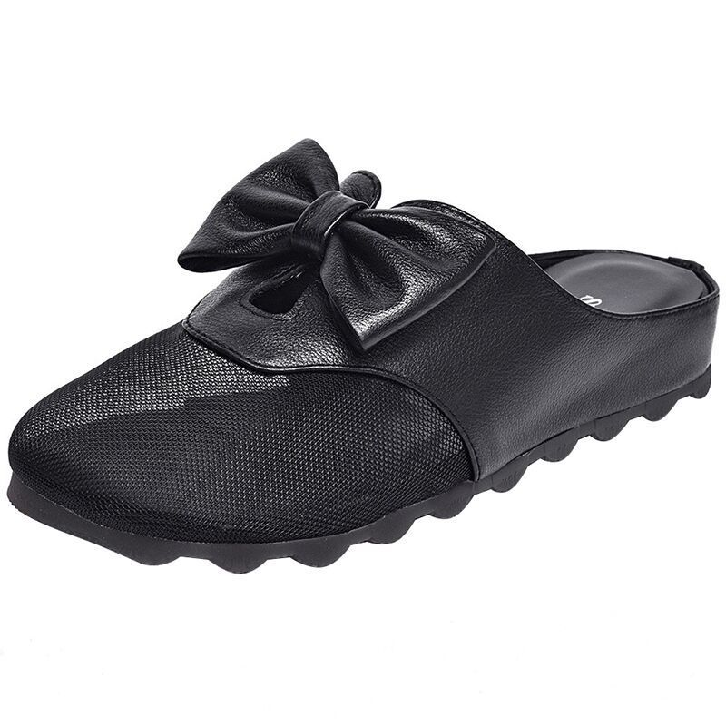 Soft Soled Genuine Leather Low Heel Bow Net Slippers for Women's Sandals