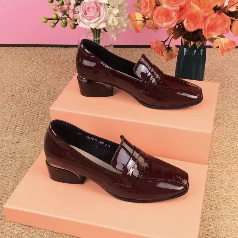 Leather Women's Shoes Square Head Patent Leather Bright Thick Heel Shoes