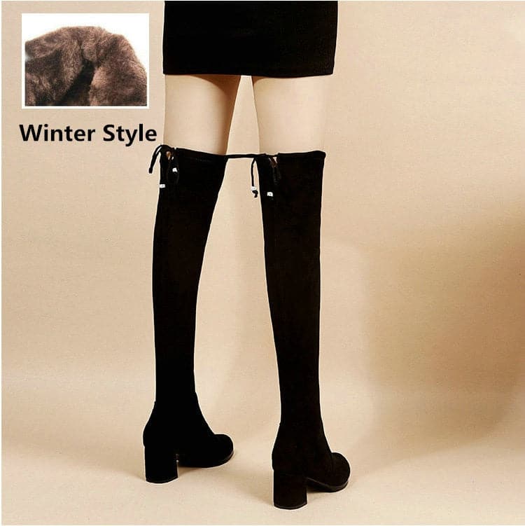 New Plus Velvet High Heel Over The Knee Boots Women's Shoes Casual Thick Heel Stretch Boots