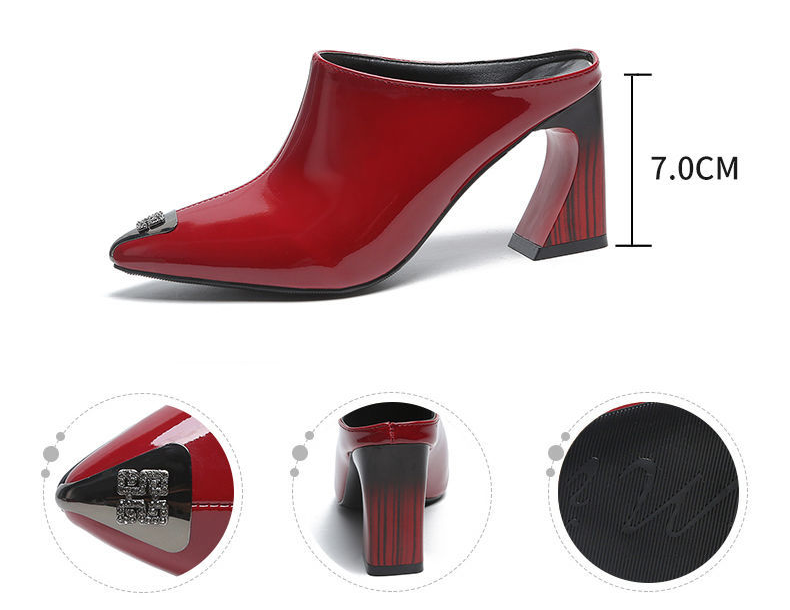 2022 Summer Slippers Chunky Heels Fashionable Pointy Heels Patent Leather Sandals for Women