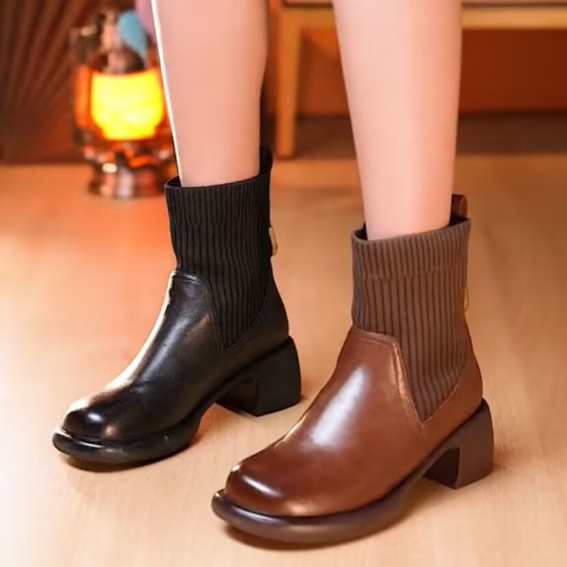 Concise Office Lady Women Ankle Boots Genuine Leather Knitting Thick Heels Autumn Winter Casual Shoes