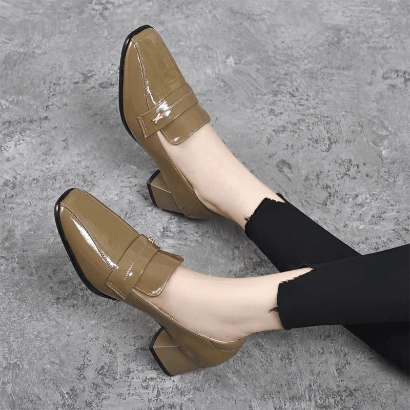 Leather Women's Shoes Square Head Patent Leather Bright Thick Heel Shoes
