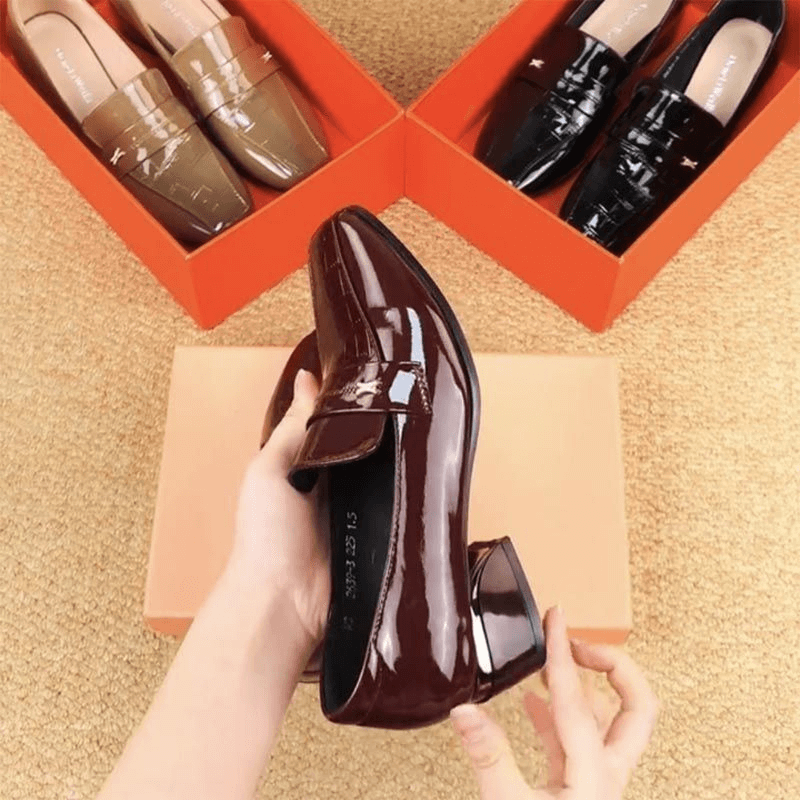 Leather Women's Shoes Square Head Patent Leather Bright Thick Heel Shoes