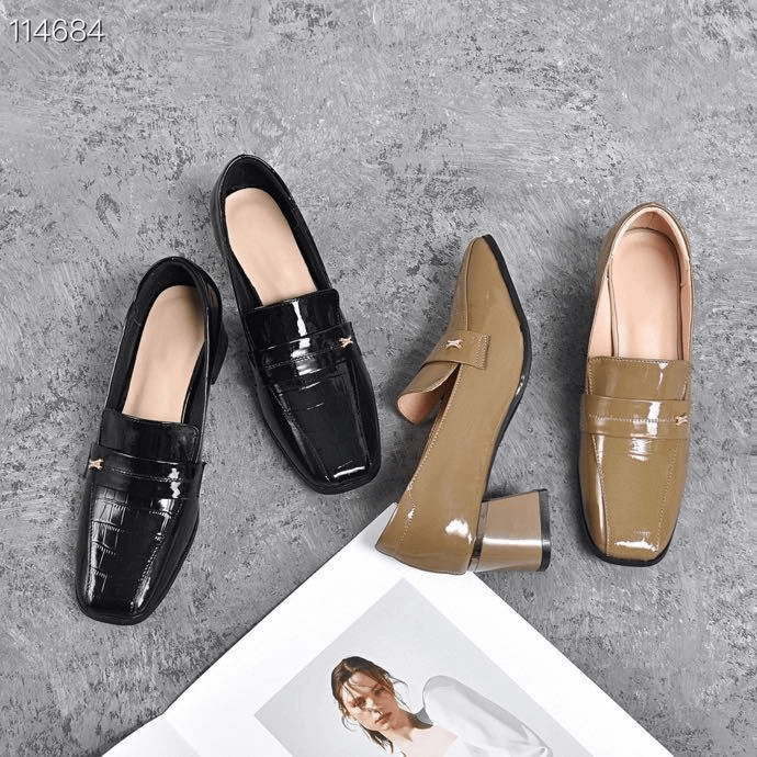 Leather Women's Shoes Square Head Patent Leather Bright Thick Heel Shoes