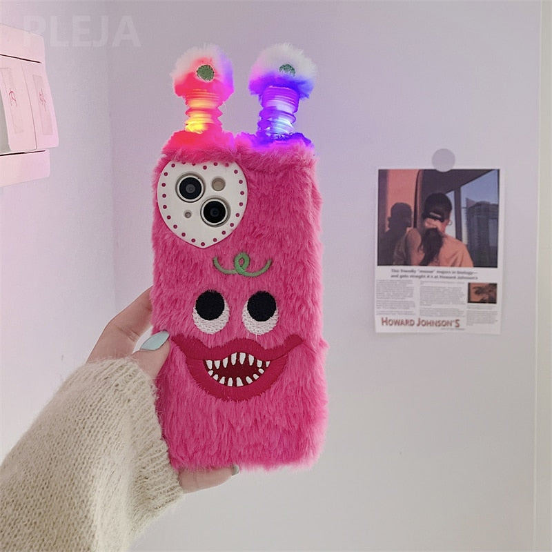 Cute Glowing Lighting Furry Monster Phone Case for iPhone 14 13 12 11 Pro Max