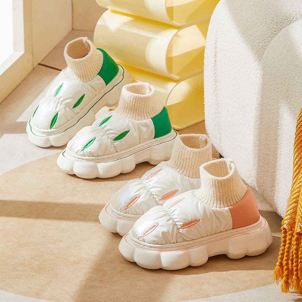Down Cloth Platform Cotton Slippers Women Winter Indoor Outdoor Shoes Waterproof Warm Plush Home Wrapped Heel Shoes