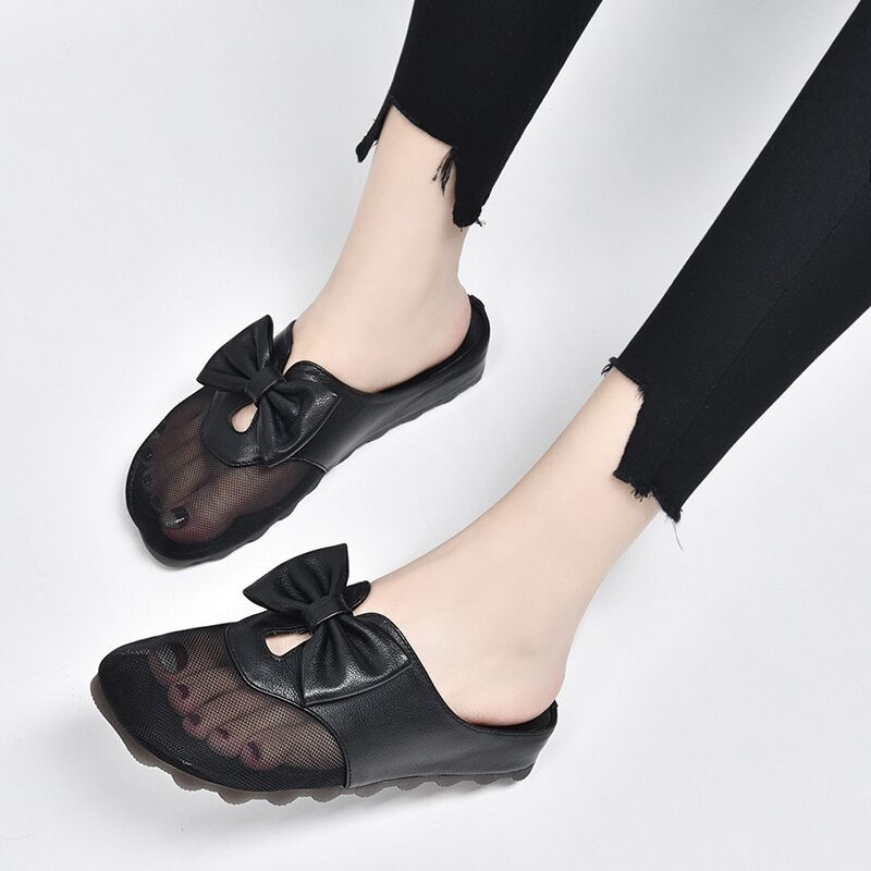 Soft Soled Genuine Leather Low Heel Bow Net Slippers for Women's Sandals