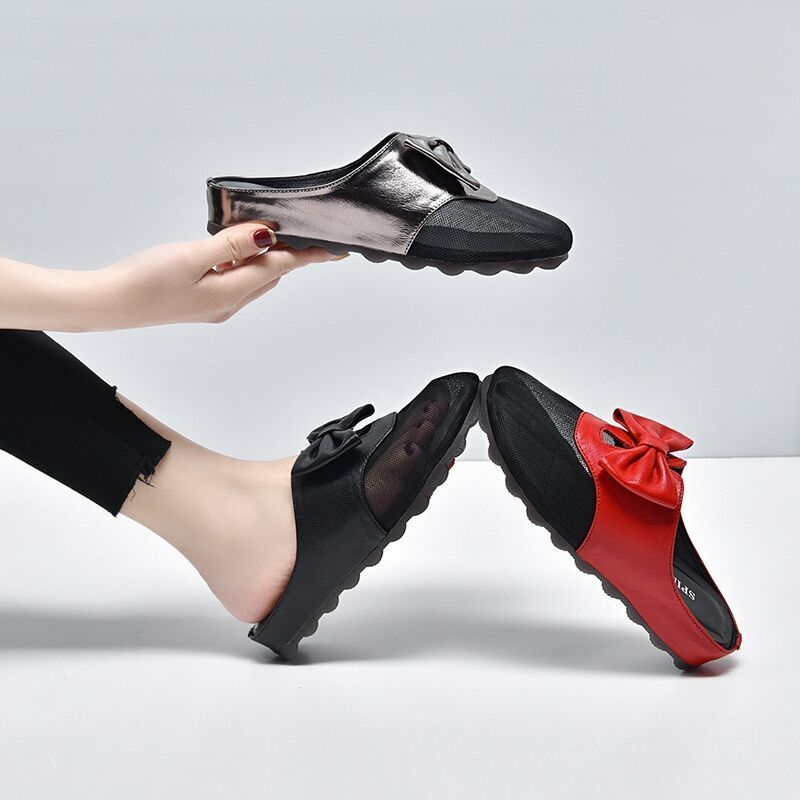 Soft Soled Genuine Leather Low Heel Bow Net Slippers for Women's Sandals