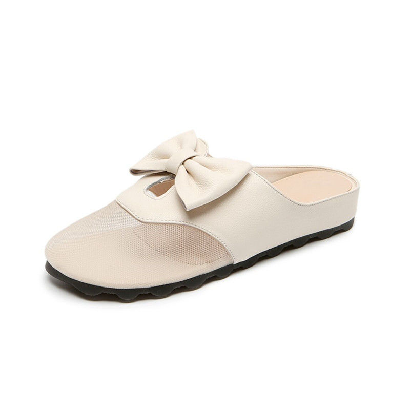 Soft Soled Genuine Leather Low Heel Bow Net Slippers for Women's Sandals