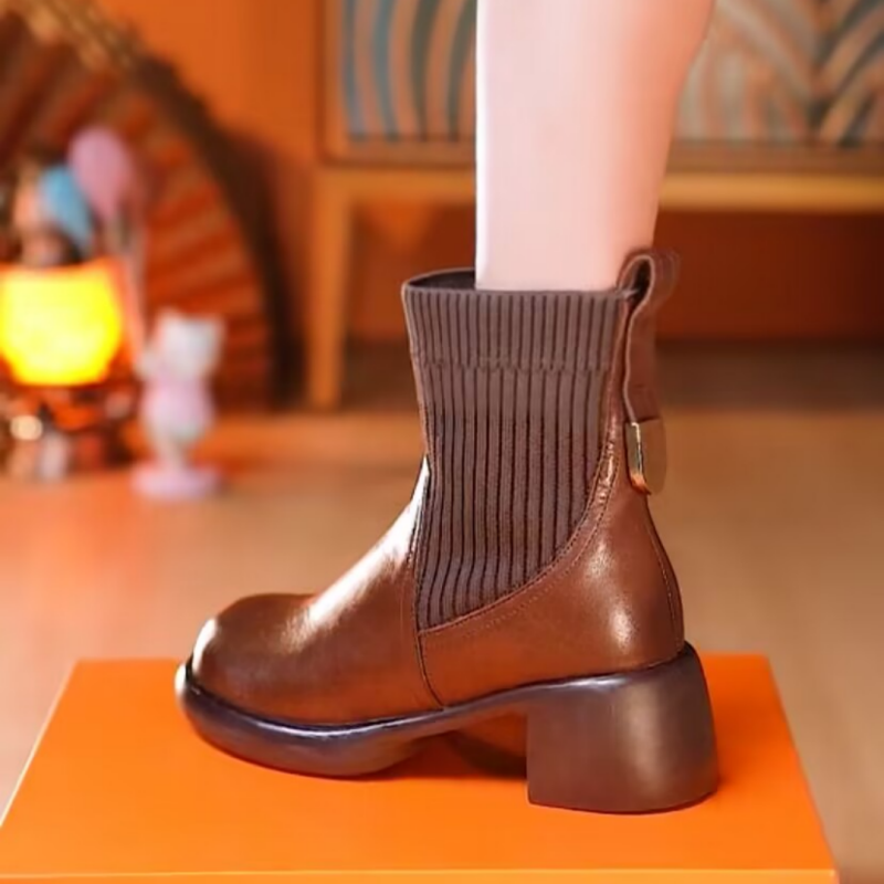 Concise Office Lady Women Ankle Boots Genuine Leather Knitting Thick Heels Autumn Winter Casual Shoes