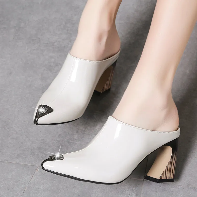 2022 Summer Slippers Chunky Heels Fashionable Pointy Heels Patent Leather Sandals for Women