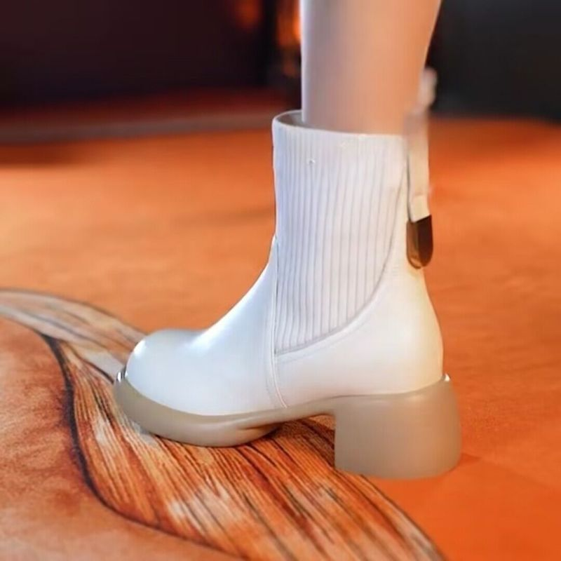 Concise Office Lady Women Ankle Boots Genuine Leather Knitting Thick Heels Autumn Winter Casual Shoes