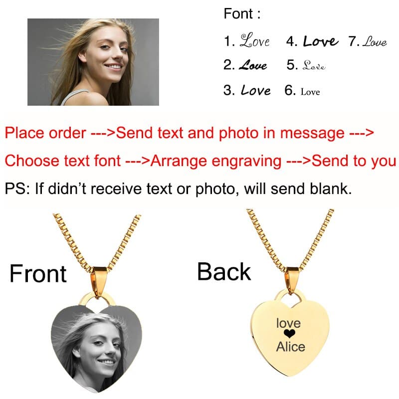 Customized Necklaces Engrave Photo Name Necklace Stainless Steel Heart Pendant Chain Necklace Jewelry For Women ID Tag