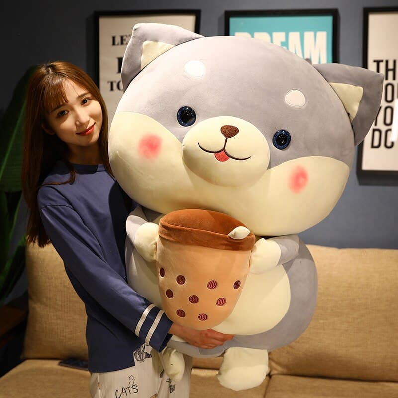 Cute Milk Tea Dog Stuffed Doll Sleeping Hug Pillow for Home House Bedroom Decorative