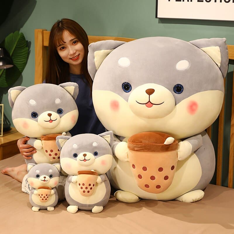 Cute Milk Tea Dog Stuffed Doll Sleeping Hug Pillow for Home House Bedroom Decorative