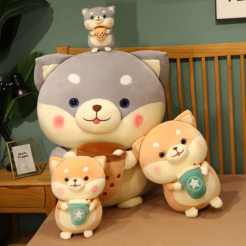 Cute Milk Tea Dog Stuffed Doll Sleeping Hug Pillow for Home House Bedroom Decorative