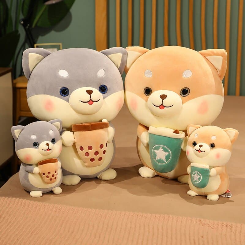 Cute Milk Tea Dog Stuffed Doll Sleeping Hug Pillow for Home House Bedroom Decorative