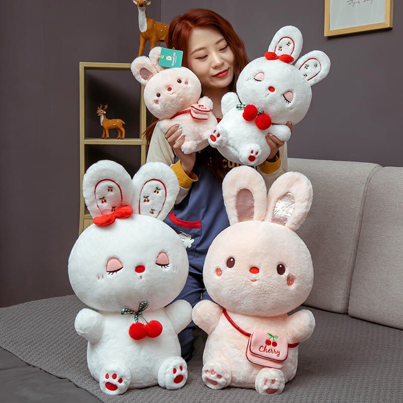 Sweet Sitting Cherry Bunny Plush Toy Rabbit Stuffed Doll Home Decor Birthday Gift