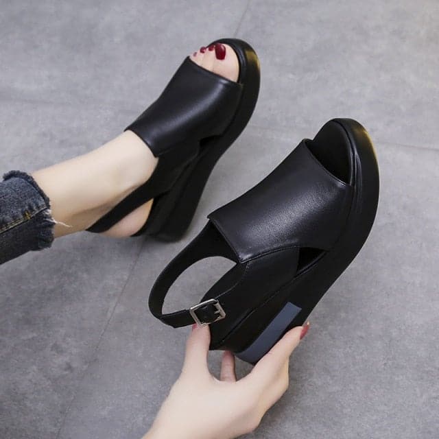 li Wedge Shoes for Women Sandals Solid Color Open Toe High Heels Casual Ladies Buckle Strap Fashion Female Sandalias Mujer