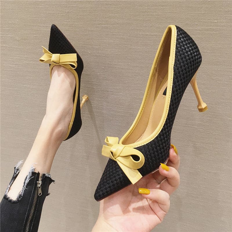 Fashion Women 9.5cm or 6.5cm Thin High Heels Pumps Metal Bow Blue Pumps Pointed Toe Gray Pumps Zapatos Mujer