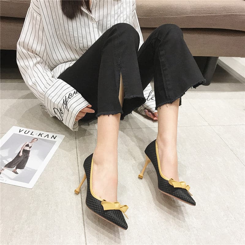 Fashion Women 9.5cm or 6.5cm Thin High Heels Pumps Metal Bow Blue Pumps Pointed Toe Gray Pumps Zapatos Mujer