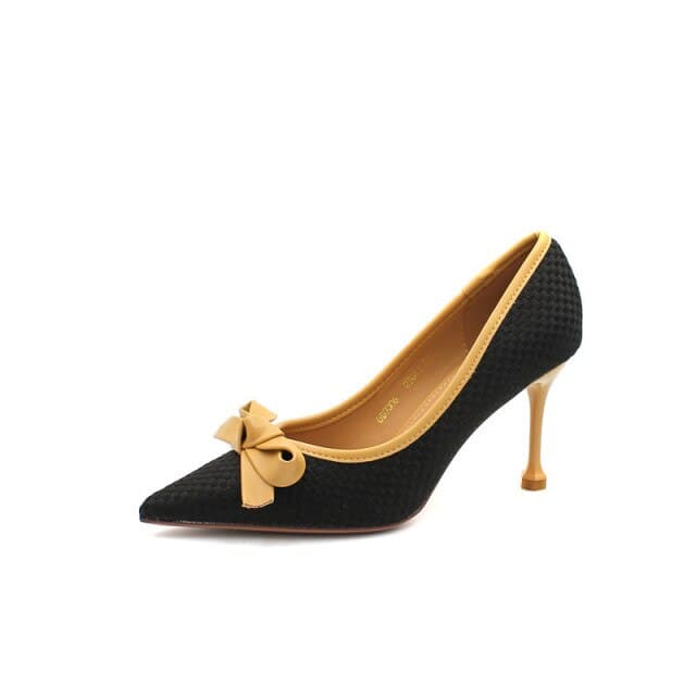 Fashion Women 9.5cm or 6.5cm Thin High Heels Pumps Metal Bow Blue Pumps Pointed Toe Gray Pumps Zapatos Mujer