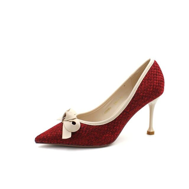 Fashion Women 9.5cm or 6.5cm Thin High Heels Pumps Metal Bow Blue Pumps Pointed Toe Gray Pumps Zapatos Mujer