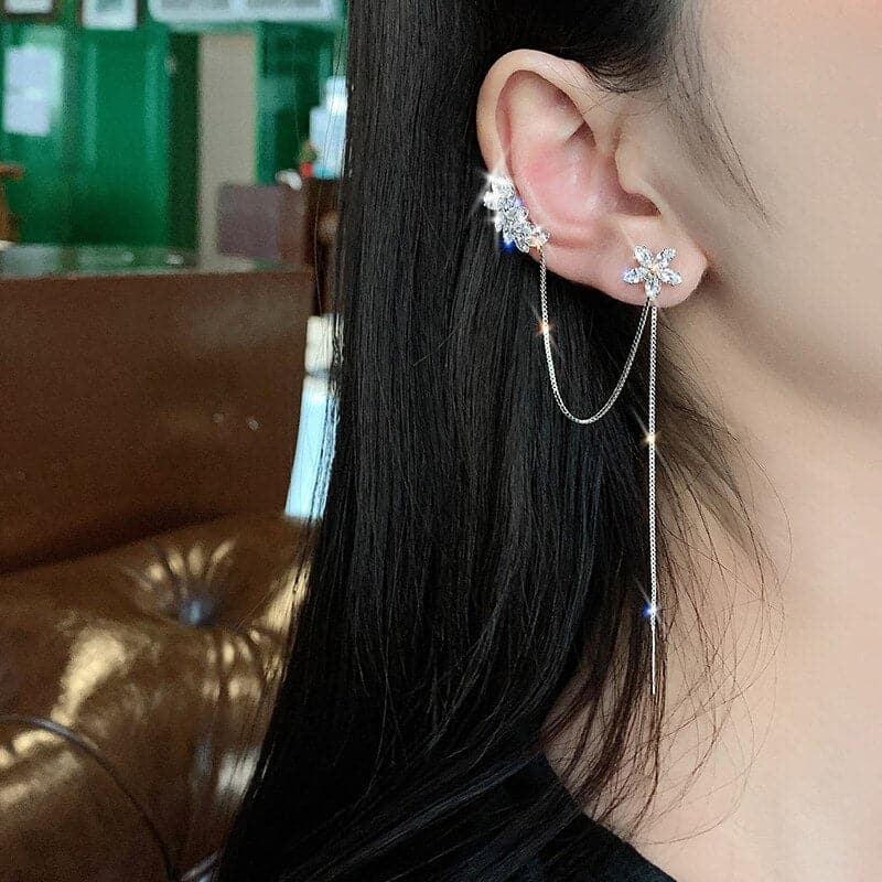 New Crystal Flower Long Tassel Earrings For Women Elegant Clip on Earrings Earbone Clip Hanging Earrings Jewelry