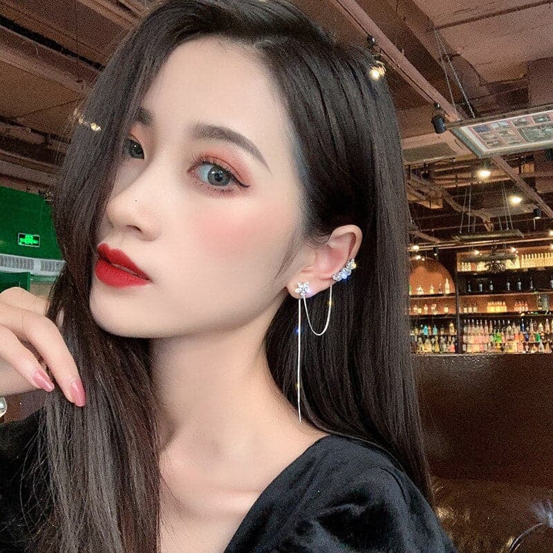 New Crystal Flower Long Tassel Earrings For Women Elegant Clip on Earrings Earbone Clip Hanging Earrings Jewelry