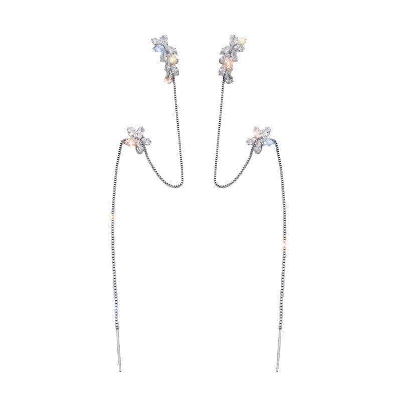 New Crystal Flower Long Tassel Earrings For Women Elegant Clip on Earrings Earbone Clip Hanging Earrings Jewelry