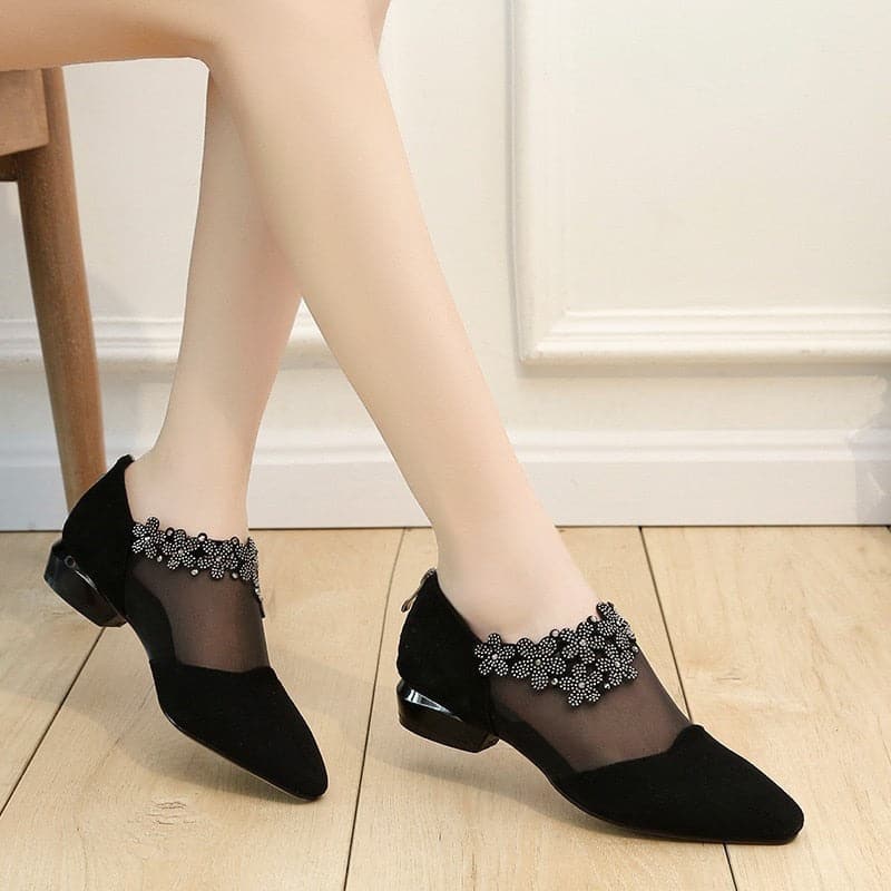 Sandals for Women Fashion Rhinestone Flowers Low Heel Mesh Sandals Plus Size