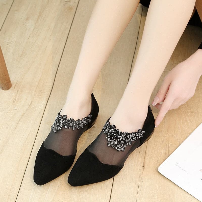 Sandals for Women Fashion Rhinestone Flowers Low Heel Mesh Sandals Plus Size