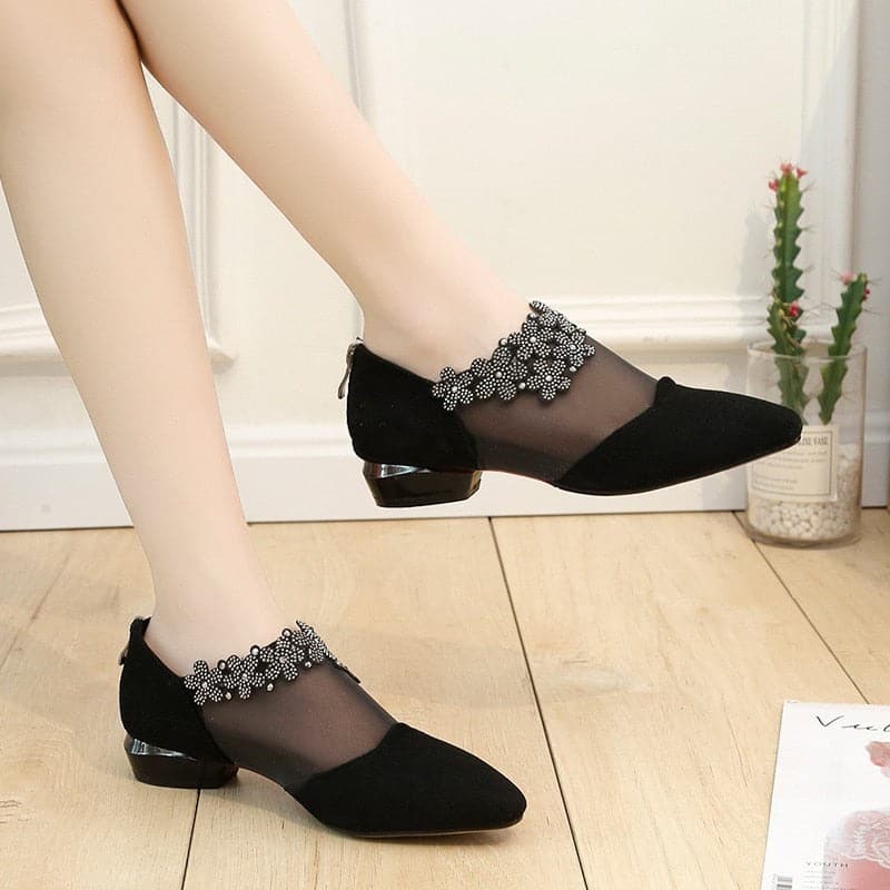 Sandals for Women Fashion Rhinestone Flowers Low Heel Mesh Sandals Plus Size