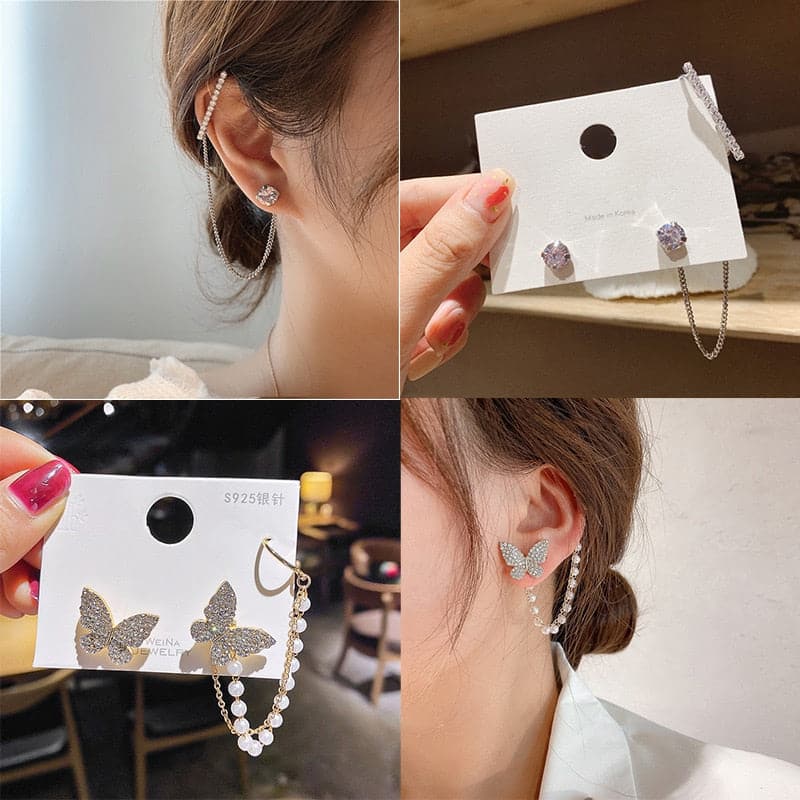 New Trendy Long Butterfly Clip Earrings Ear Hook Pearl Ear Clips Without Pierced Ears Chain Earrings Women Girls Jewelry