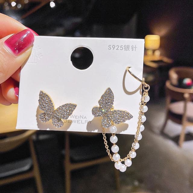 New Trendy Long Butterfly Clip Earrings Ear Hook Pearl Ear Clips Without Pierced Ears Chain Earrings Women Girls Jewelry